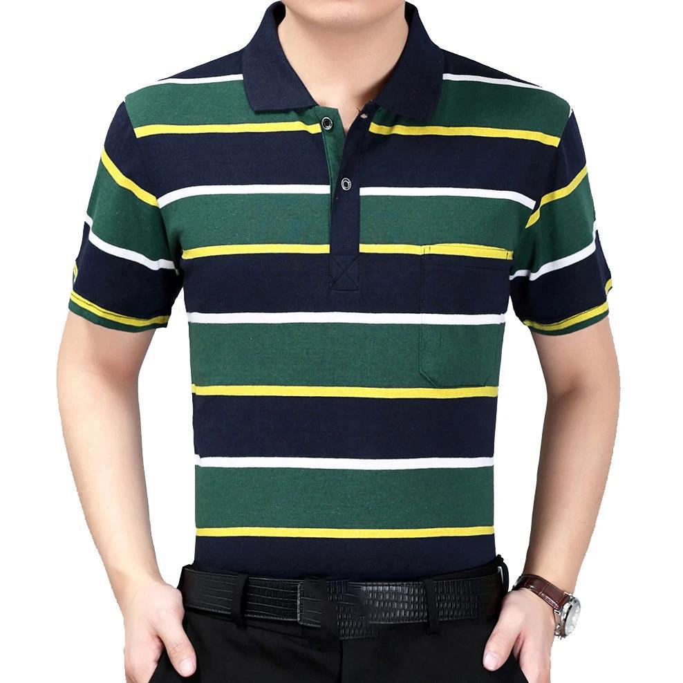 Летняя мужская футболка среднего возраста с короткими рукавами, одежда для папы с лацканами, летняя свободная и тонкая мужская рубашка в полоску с половиной рукавов