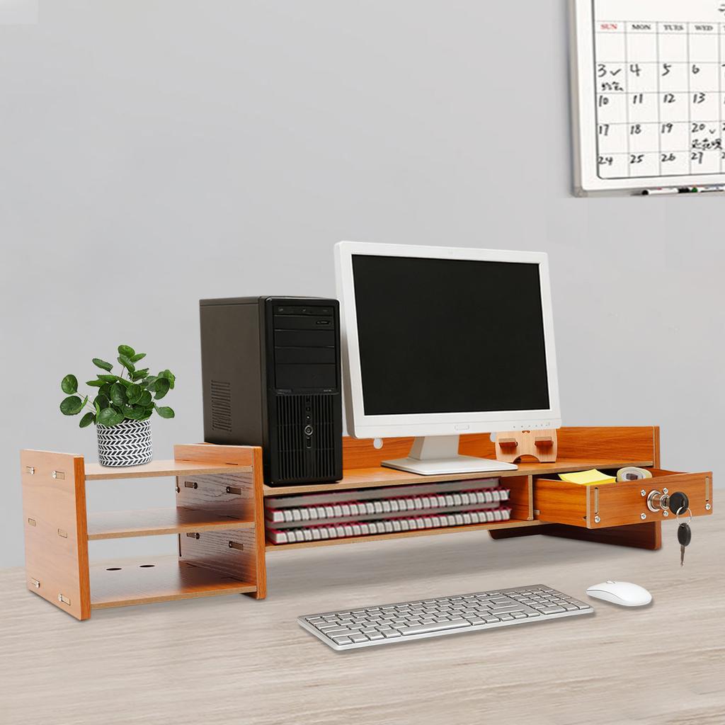 Современная деревянная подставка для монитора с запирающимся ящиком и держателем для телефона, компактный настольный органайзер из МДФ для дома и офиса, простая сборка
