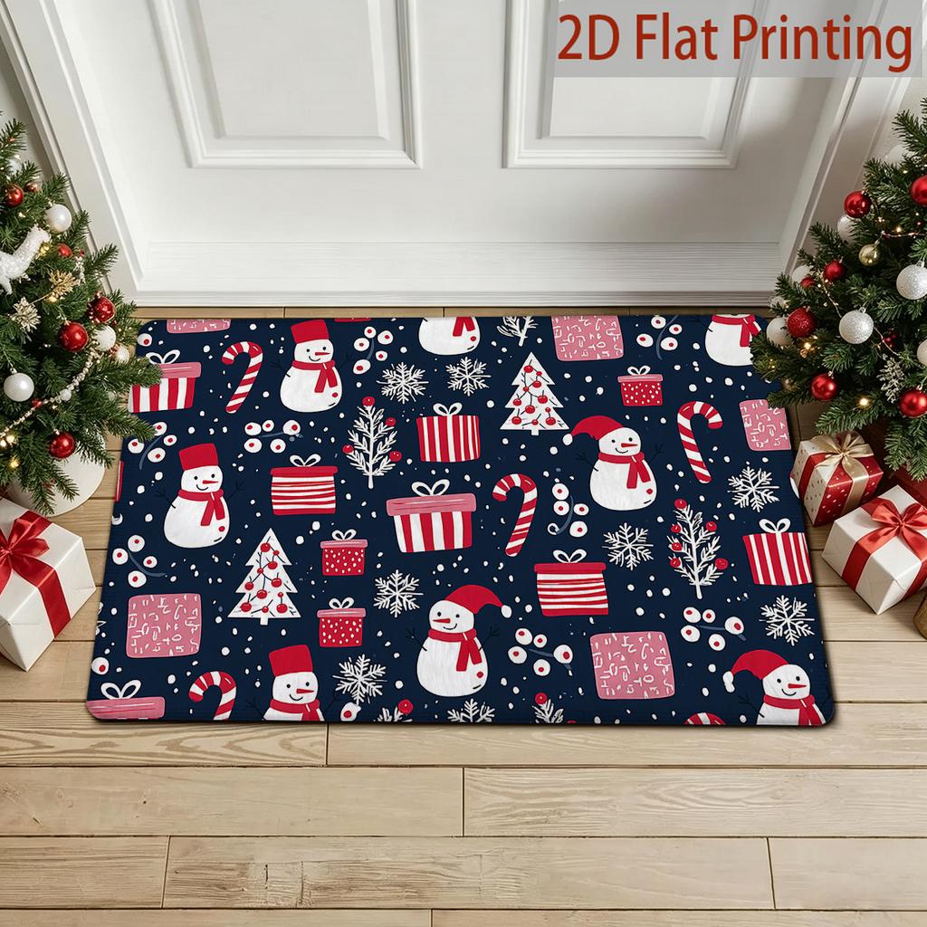 2D Flat Snowflake Holly Berry Christmas Element Entrance Anti-Slip Doormat, Christmas Doorway Decorative Rug - Candy Cane Entry Mat, Christmas New Yea