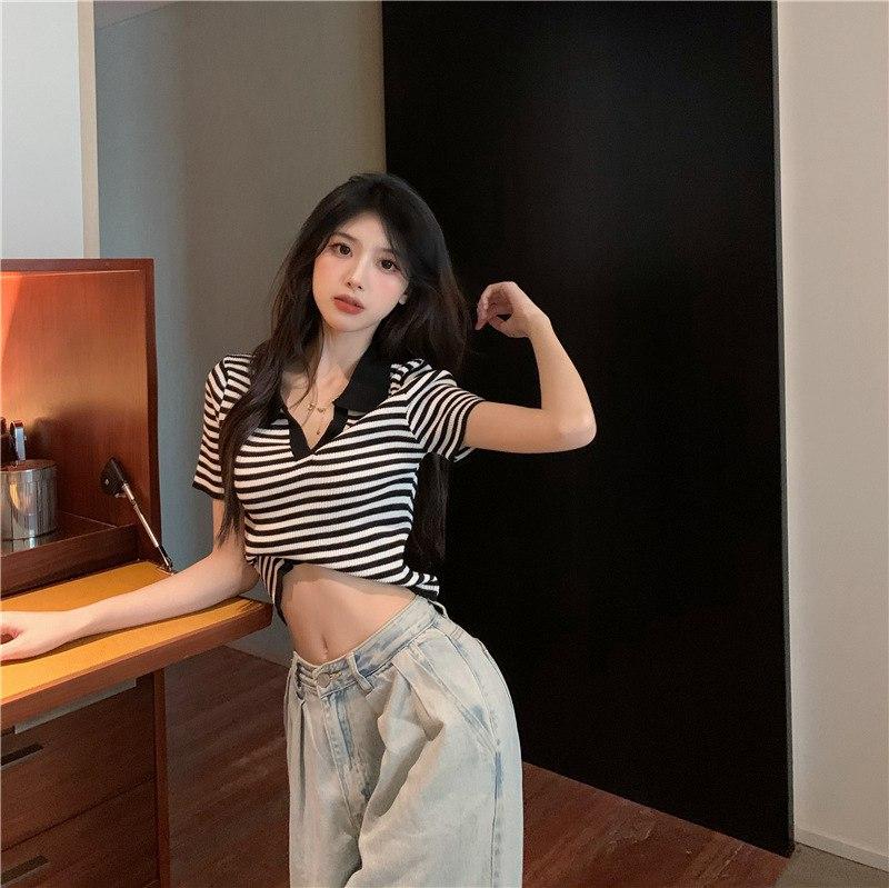 Летние женские трикотажные поло с короткими рукавами и высокой талией, тонкая футболка из ледяного шелка с воротником-поло, полосатые футболки черного, синего цвета