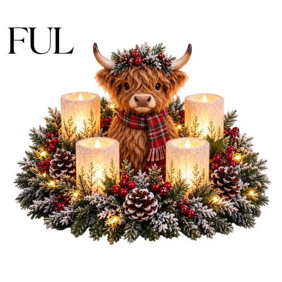 Christmas Party Supplies Lighted Highland Cow Table Centerpiece, Resin Flickering LED Flameless Candles, Frosted Pinecone Displays Pine Red