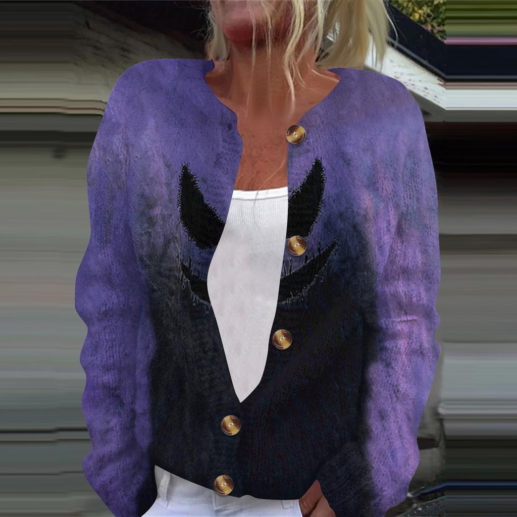 Women's Fashion Printed Long Sleeve Knitted Cardigan Button Down Jacket