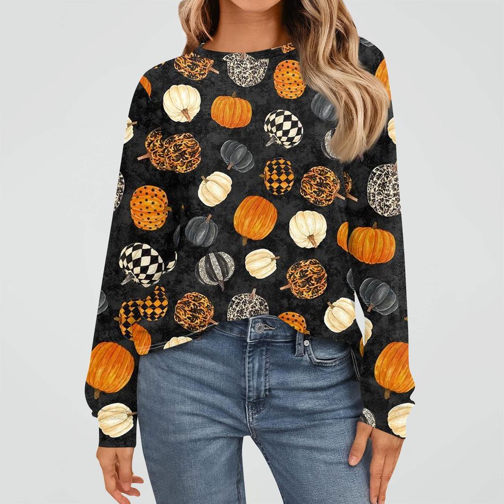 Women's Fashion Long Sleeve Shirts Loose Fitted Crewneck Basic Halloween Print Tops Casual Outfits