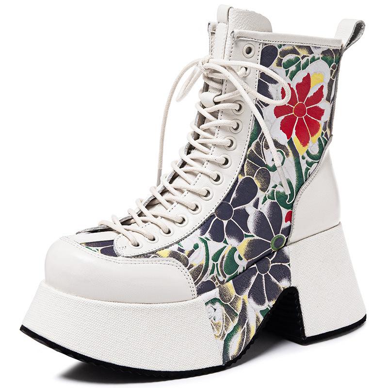 Fashion 8CM Chimney Ladies Fashion Ankle Booties Moccasins Print Shoes Natural Genuine Leather Boots Autumn Winter Motorcycle Women Fall