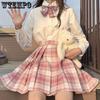 3pcs/set Plaid Women Pleated Skirt with Bow Knot + White Long Sleeve T-shirt Summer High Waist Preppy Girls Dance Mini Skirt Cute A Line Harajuku