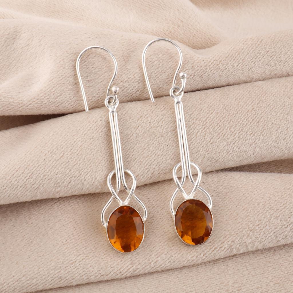 Natural Citrine Gemstone 925 Sterling Silver Jewelry Handmade Hook Earrings1.76" EE-171-2