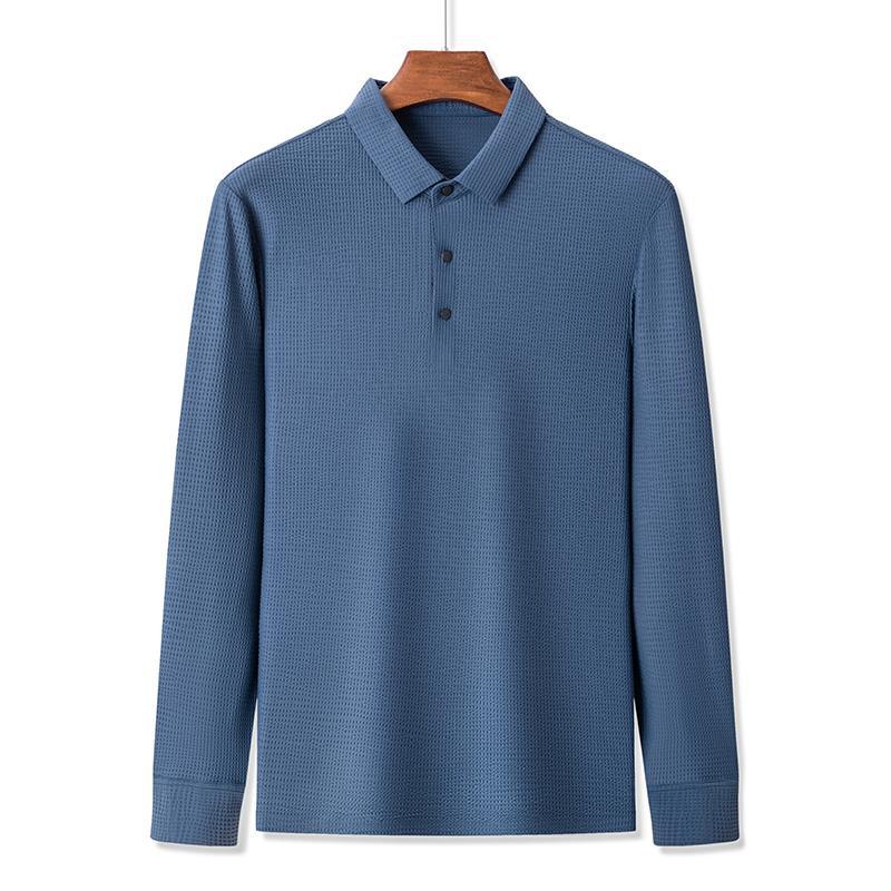 Осенняя новинка, однотонная сетка, мужская повседневная модная рубашка-поло с длинными рукавами для мужчин среднего возраста