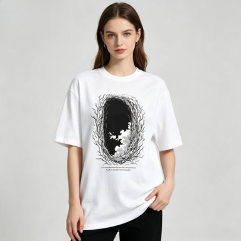Gothic Vintage Unisex Cotton T Shirt Twig Portal Cloud Line Art Graphic Dark Quote Casual Loose Fit Short Sleeve Tops