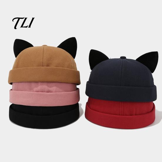 Lightweight Fashion Hat for Women Brimless Cat Ear Hat, Cute Docker Cap, Adjustable Skullcap, Stylish Outdoor Travel Cap Sailor Men Street Casual Wear