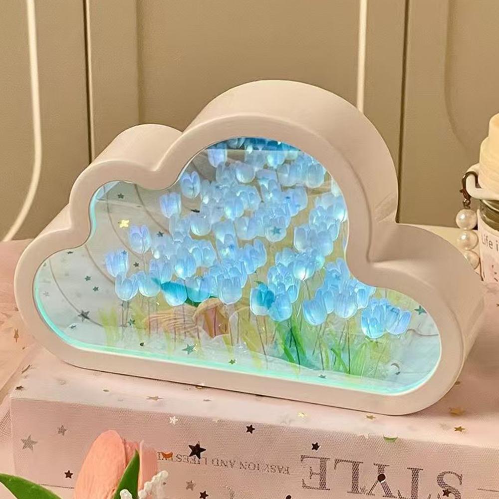 DIY Handmade Cloud Tulip Night Light Mirror Atmosphere Light Desktop Ornament,Battery Operated