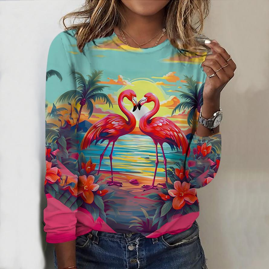 Tops For Women Colorful Flamingo Print Round Neck Long Sleeve T-shirt Fall Casual Slim Pullover Women's Long Sleeve Top