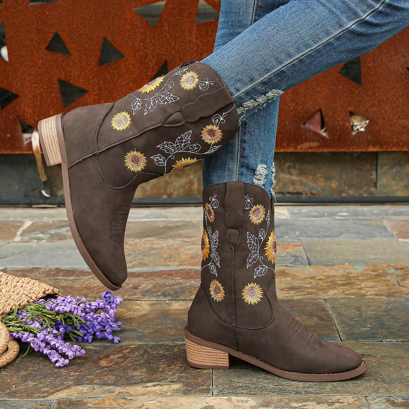 Осенне-зимние новые ковбойские сапоги с вышивкой, женские осенние ботинки в стиле вестерн, короткие сапоги в стиле ретро, ​​женская обувь Botas Mujer