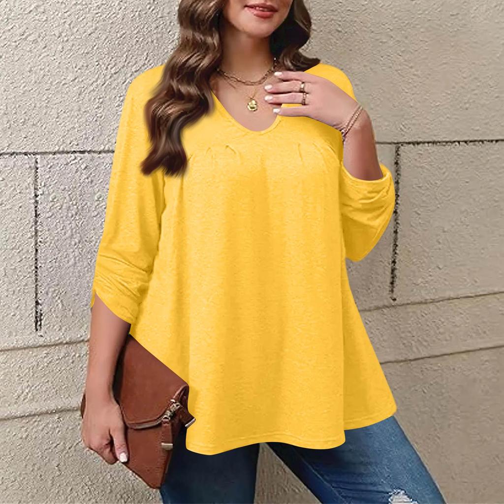 Women's Plus Size Fashion Solid Colour Casual Pleated Round Neck Long Sleeve Top