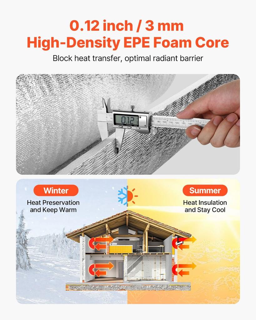 Reflective Insulation Roll, EPE Foam Core Radiant Barrier, 3mm 76.2m x 1.22 m, Aluminum Foil White PE Film Heat Reflective Shield, Thermal Insulation