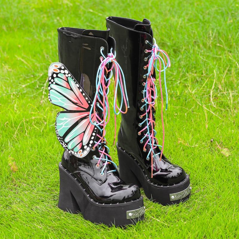 Women's Dark Platform Locomotive Boot Punk Style Knee Boot Fashion Colored Wings Butterfly Mid Boot Women Tide Boots Boats Mujer