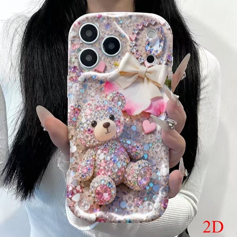 Милый Сияющий Медведь из Страз 2D Узор Чехол для Телефона Для iPhone 11 12 13 14 15 16 17 Pro Max 16e 17e 15 14 Plus Чехол с Волнистым Краем
