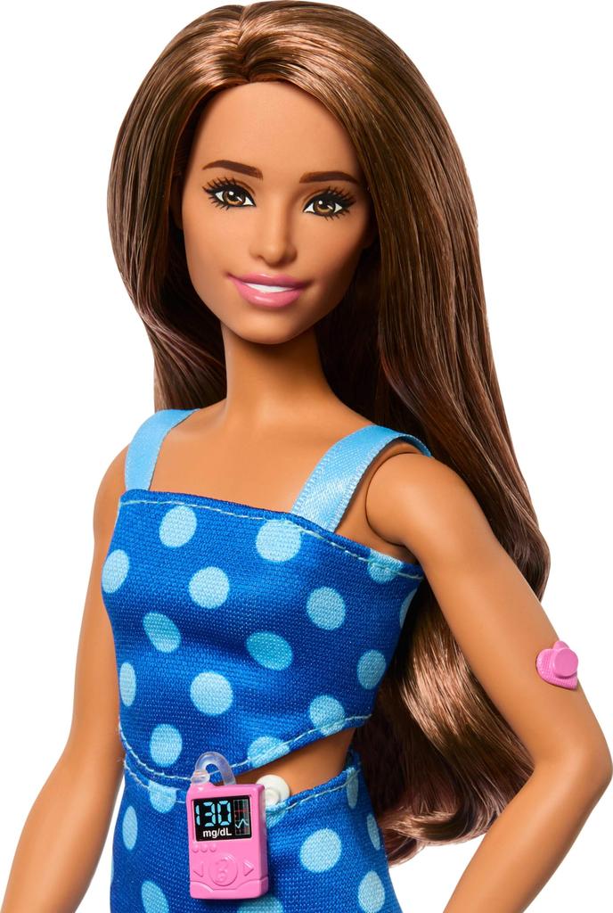barbie Кукла Модница № 242 - Осведомленность о диабете 1 типа, Наряд в горошек, Аксессуары: инсулиновая помпа и СГМ, Возраст 3+