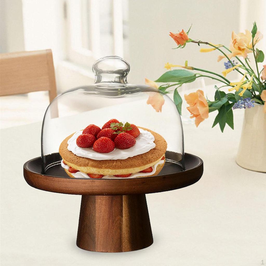Wooden Cake Stand Plate with Cover Dessert Decor Table Centerpiece Serving Tray