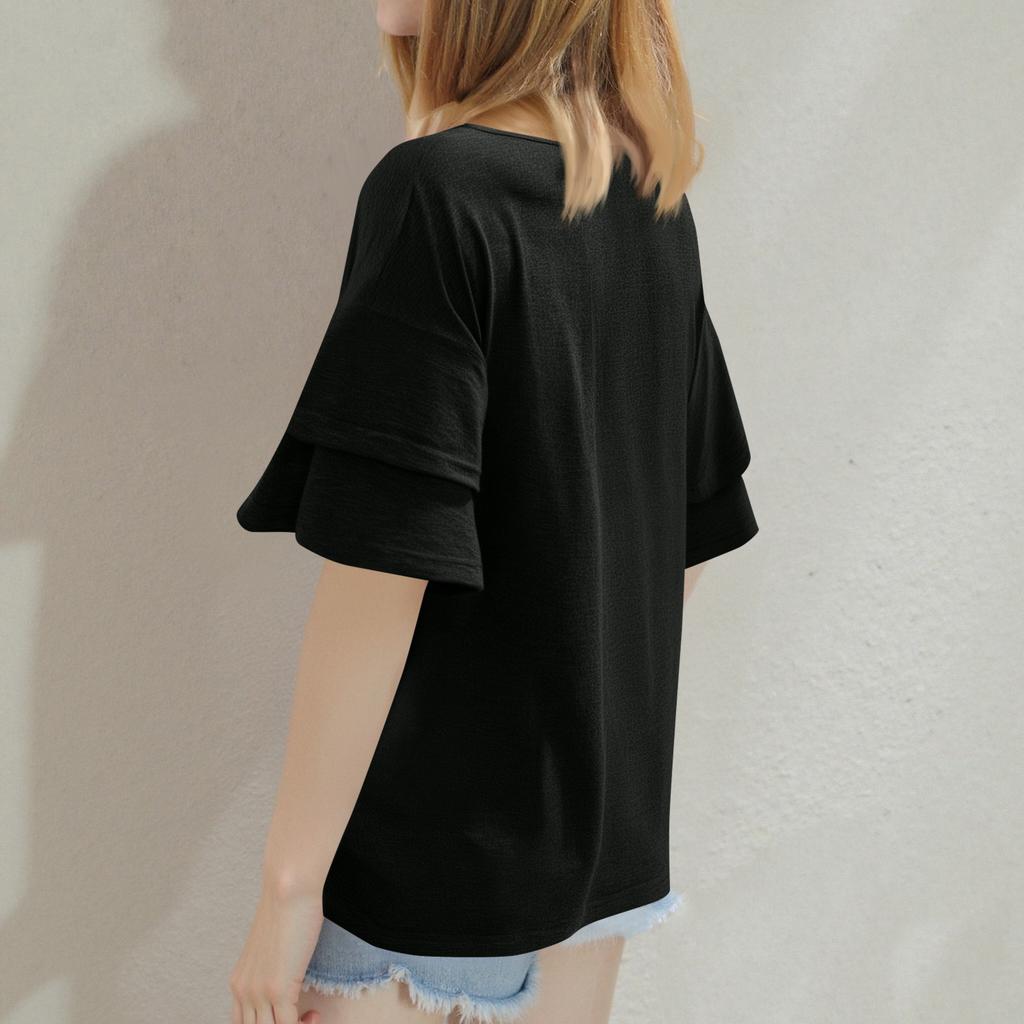 Модная и сексуальная женская двухслойная футболка с короткими рукавами и рюшами