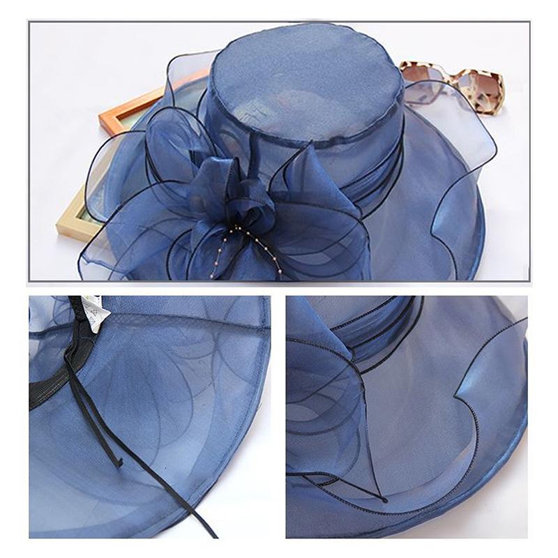 Vintage Organza Wide Brim Hat For Women Church Dress Bridal Wedding Hat Floral Mesh Sun Hat Party Beach Caps