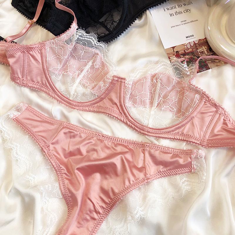 French Ultra Thin Lace Splicing Bra Set for Women Underwear Sexy Silk Breathable Bra and Panties Set Summer Comfortable Lingerie