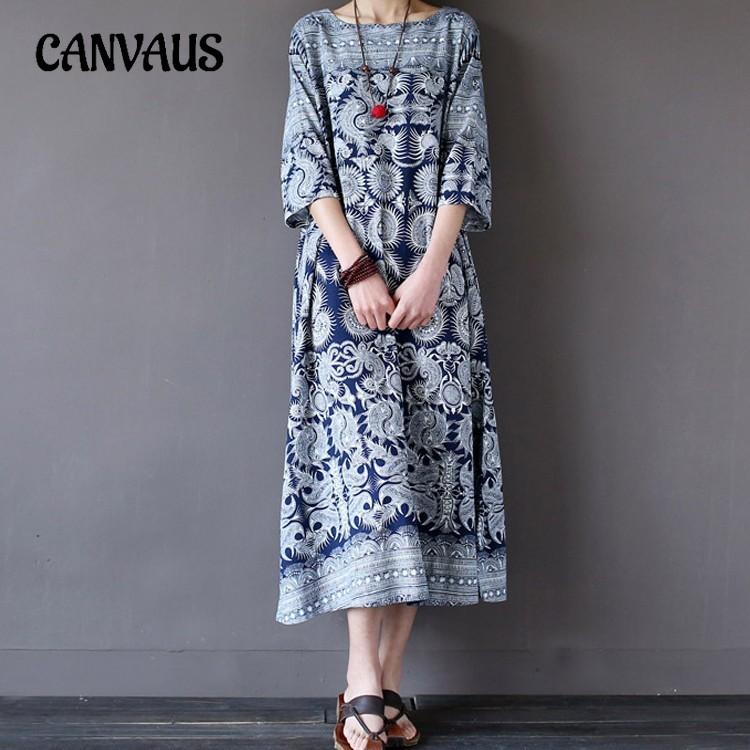 Женское платье с этническим принтом и круглым вырезом, свободные платья больших размеров