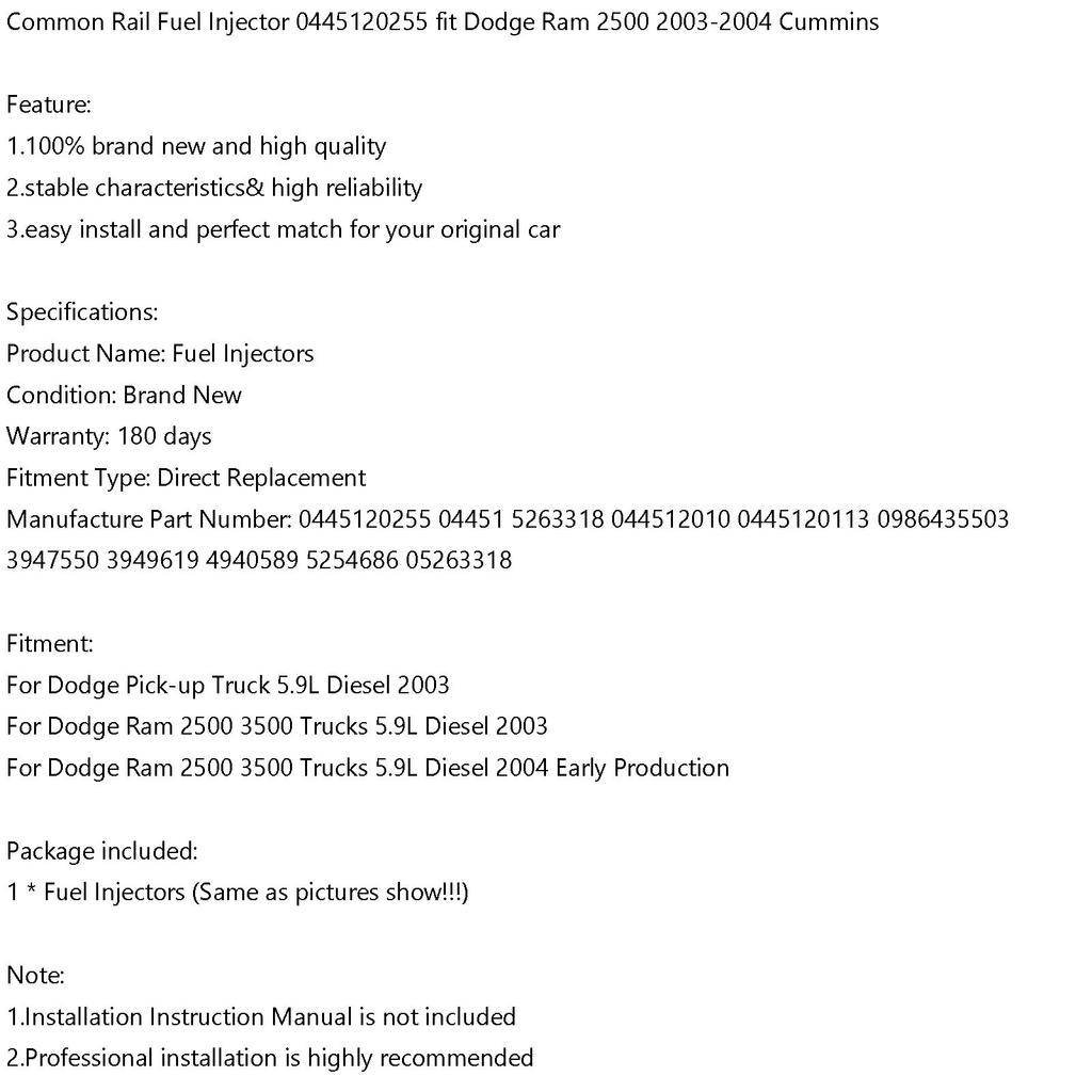 1 ШТ. Топливная форсунка Common Rail 0445120255 подходит для Dodge Ram 2500 2003-2004 Cummins
