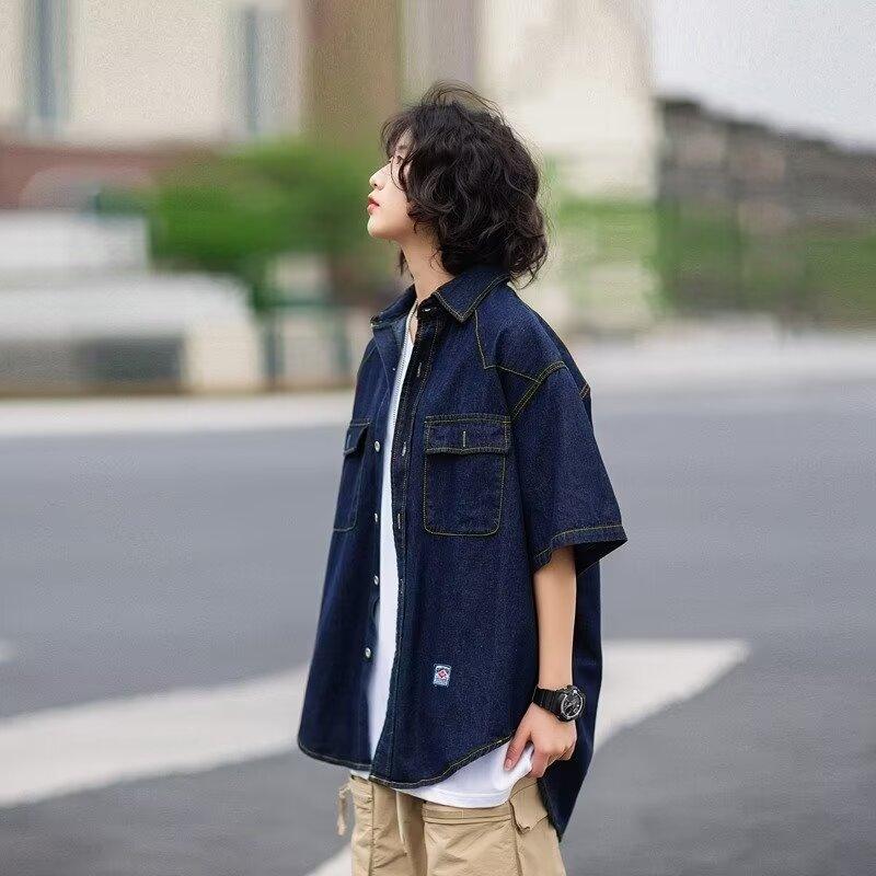 Японский ретро модный бренд летняя свободная джинсовая рубашка с короткими рукавами художественная молодежная рабочая рубашка мужская и женская многослойная куртка