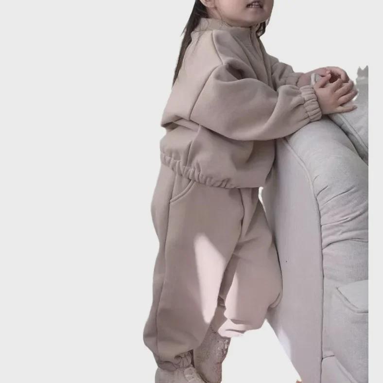 Korean Winter Children's Solid Color Velvet Two-Piece Suit for Boys and Girls