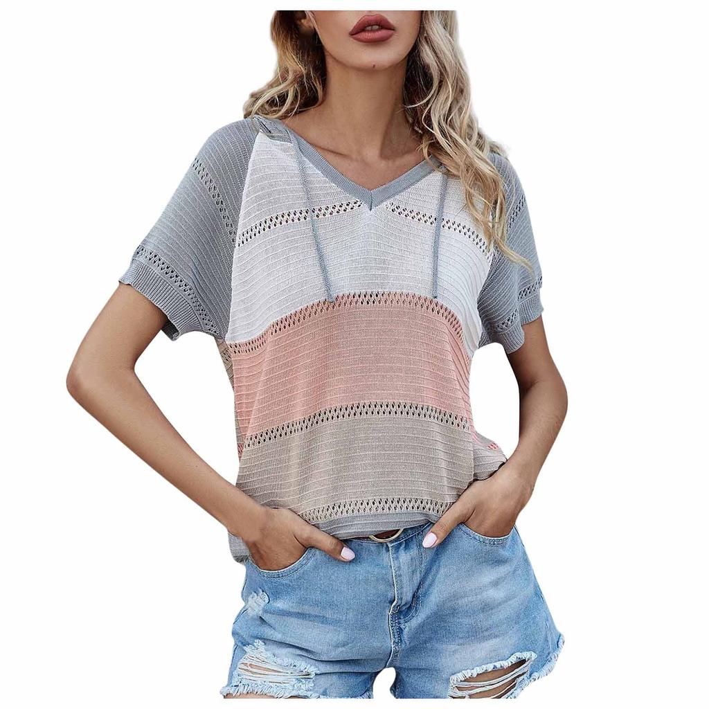 Женский повседневный модный и удобный пуловер с капюшоном и короткими рукавами, топ, разноцветный полосатый вязаный свитер