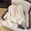 Women Korean Sweet Style Bowknot Knit Cardigan With Lace Trim And Heart Buttons Autumn Winter