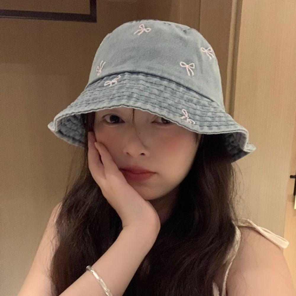 Sunshade Bowknot Cowboy Fisherman Hat Big Brimmed Covering Basin Hat Y2K Denim Bucket Hat Women