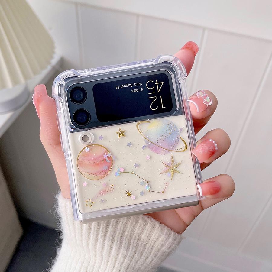 Прозрачный чехол для телефона с милым блеском и планетой для Samsung Galaxy Z Flip 3 5g, противоударная задняя крышка для Z Flip3
