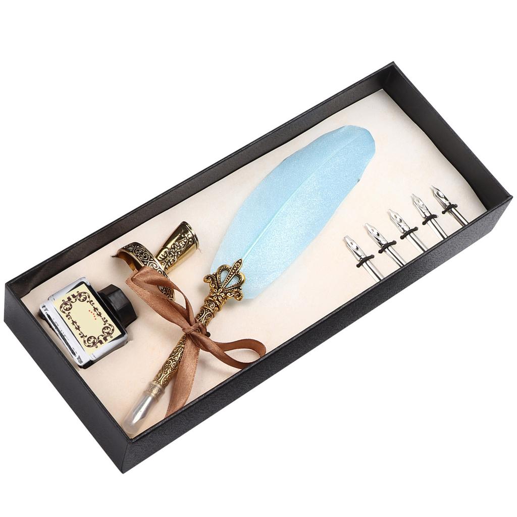 Feather Pen Set Vintage Ink Carved Metal Pen Writing Suit for Business Gift Table DecorationSky
