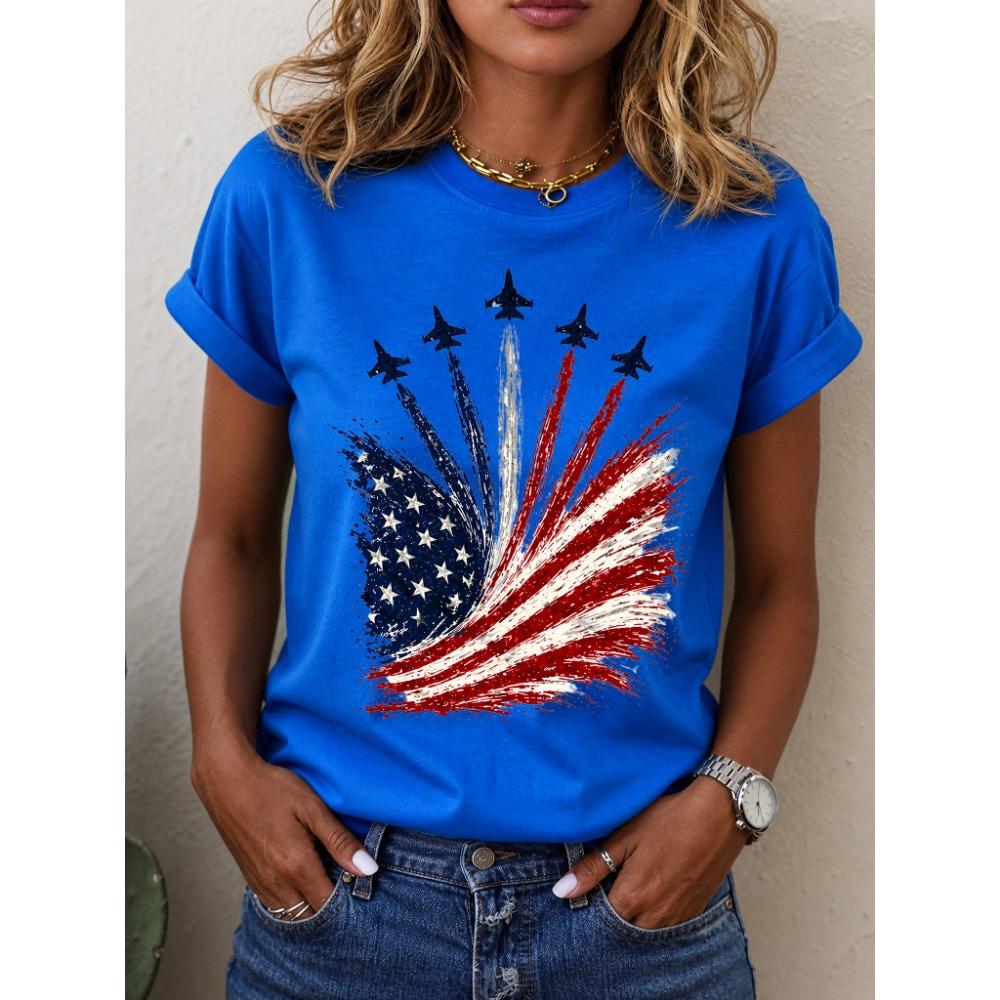 ilstile Womens 4th of July Patriotic T-Shirt American Flag Jet Fighter Print Casual Short Sleeve Crew Neck Independence Day Tops