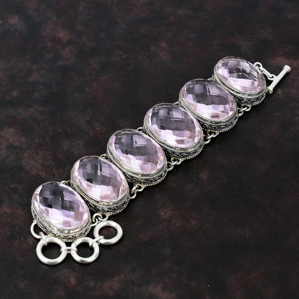 Браслет из ограненного розового кунцита из стерлингового серебра 925 пробы, ювелирные изделия ручной работы, регулируемый браслет-цепочка, винтажный браслет, подарок для него