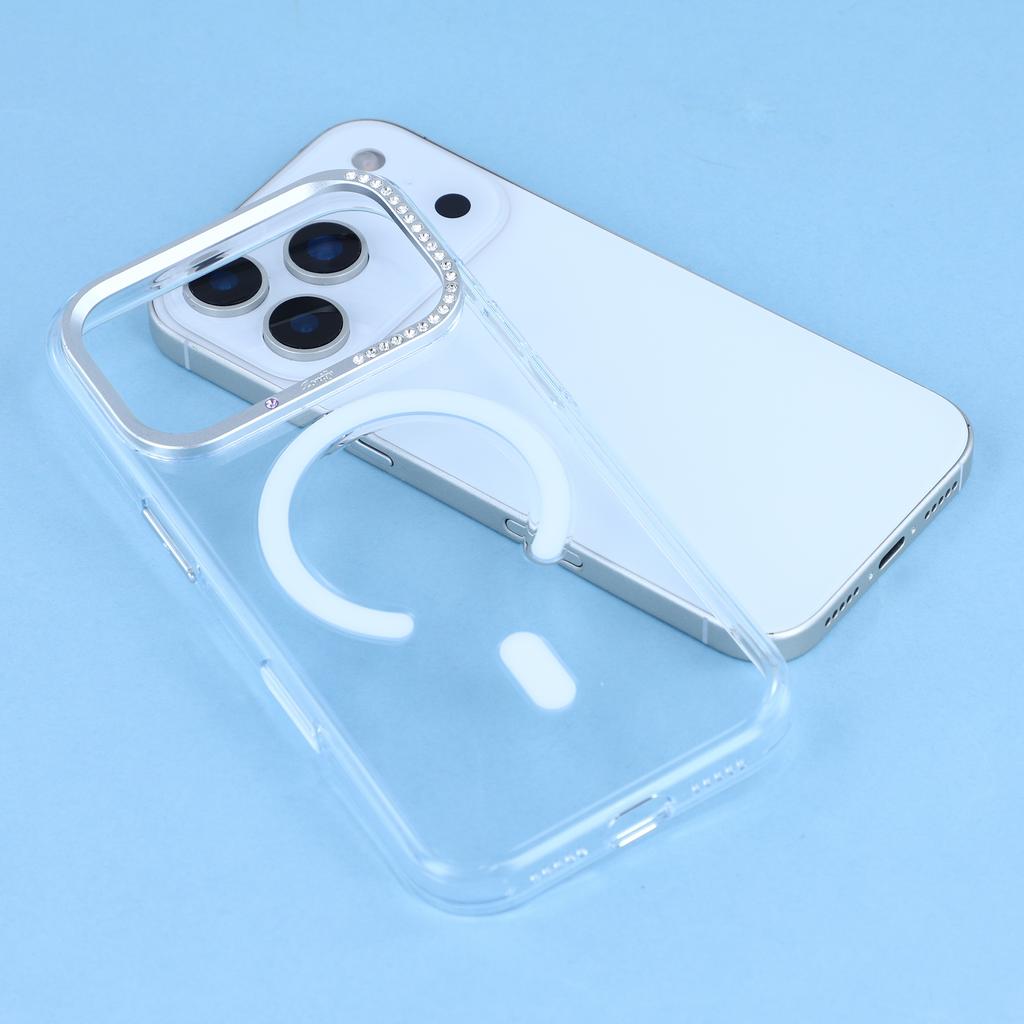JAUCASE Магнитный чехол для iPhone 17 Pro Max Прозрачная ПК накладка для телефона с рамкой объектива из страз/кнопкой AI