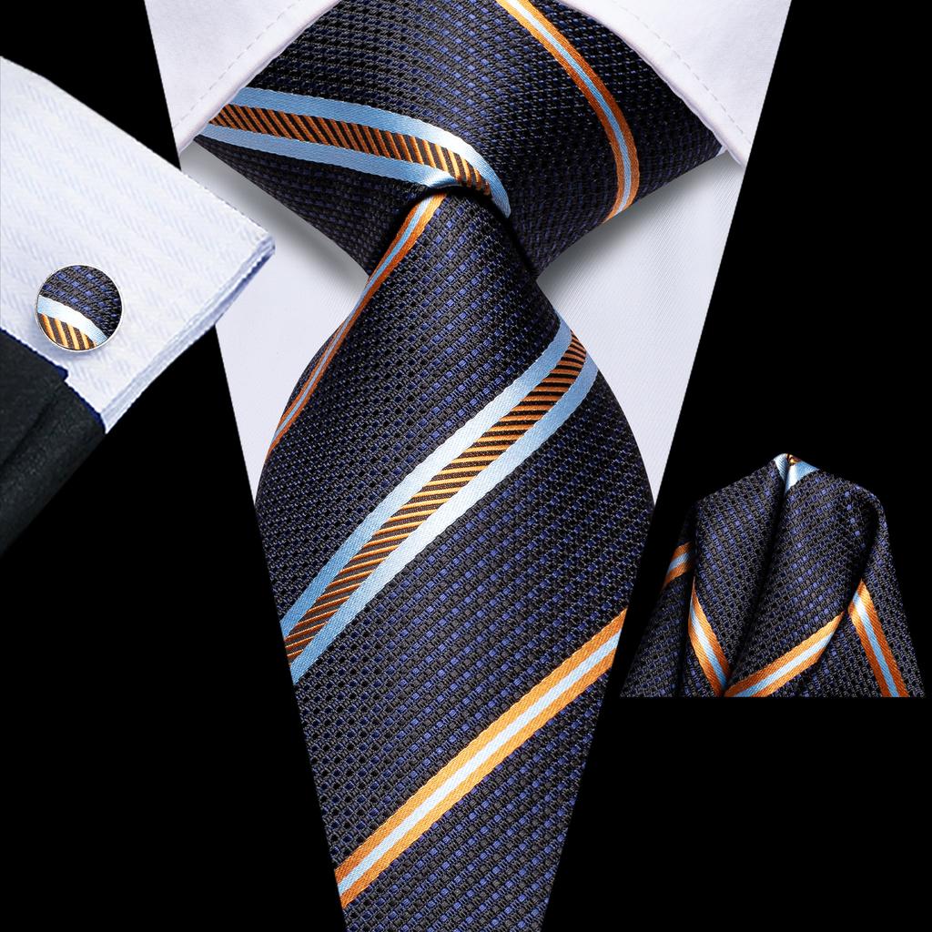 Hi-Tie Dark Gold Plaid Jacquard Mens Silk Tie Classic Necktie Cufflink Hanky Set