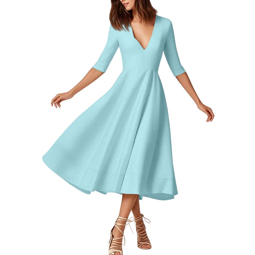 Женское модное платье средней длины со средним рукавом, сексуальное платье с V-образным вырезом