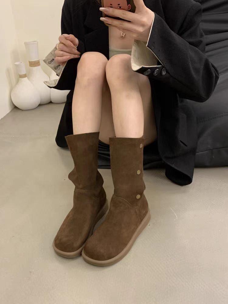 French platform matte two-wear medium boots women's shoes autumn 2025 new western cowboy boots round head knight boots