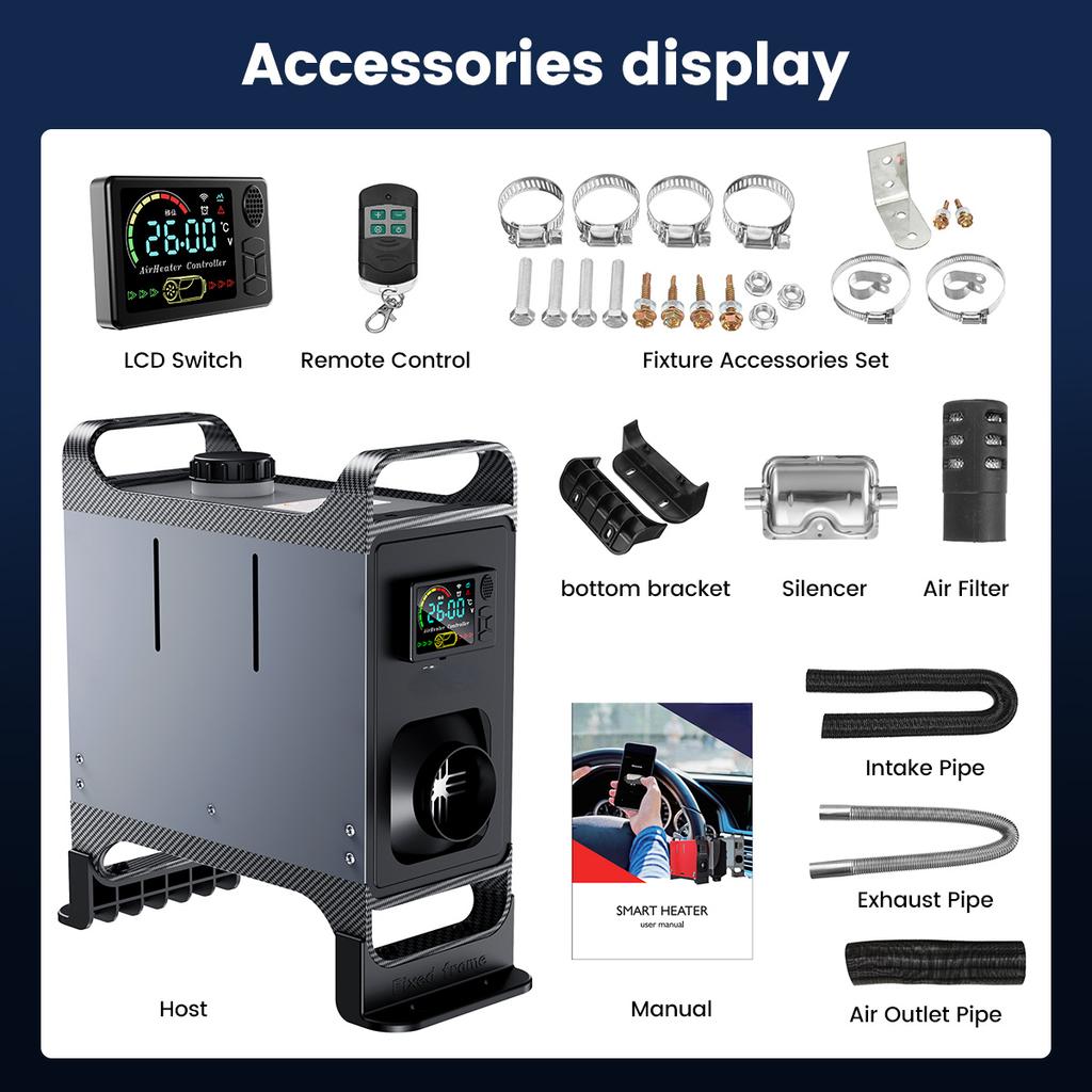 Все в одном дизельном воздушном автомобильном обогревателе, 5-8 кВт, регулируемый, 12 В, ЖК-дисплей, английский пульт дистанционного управления, встроенный парковочный обогреватель