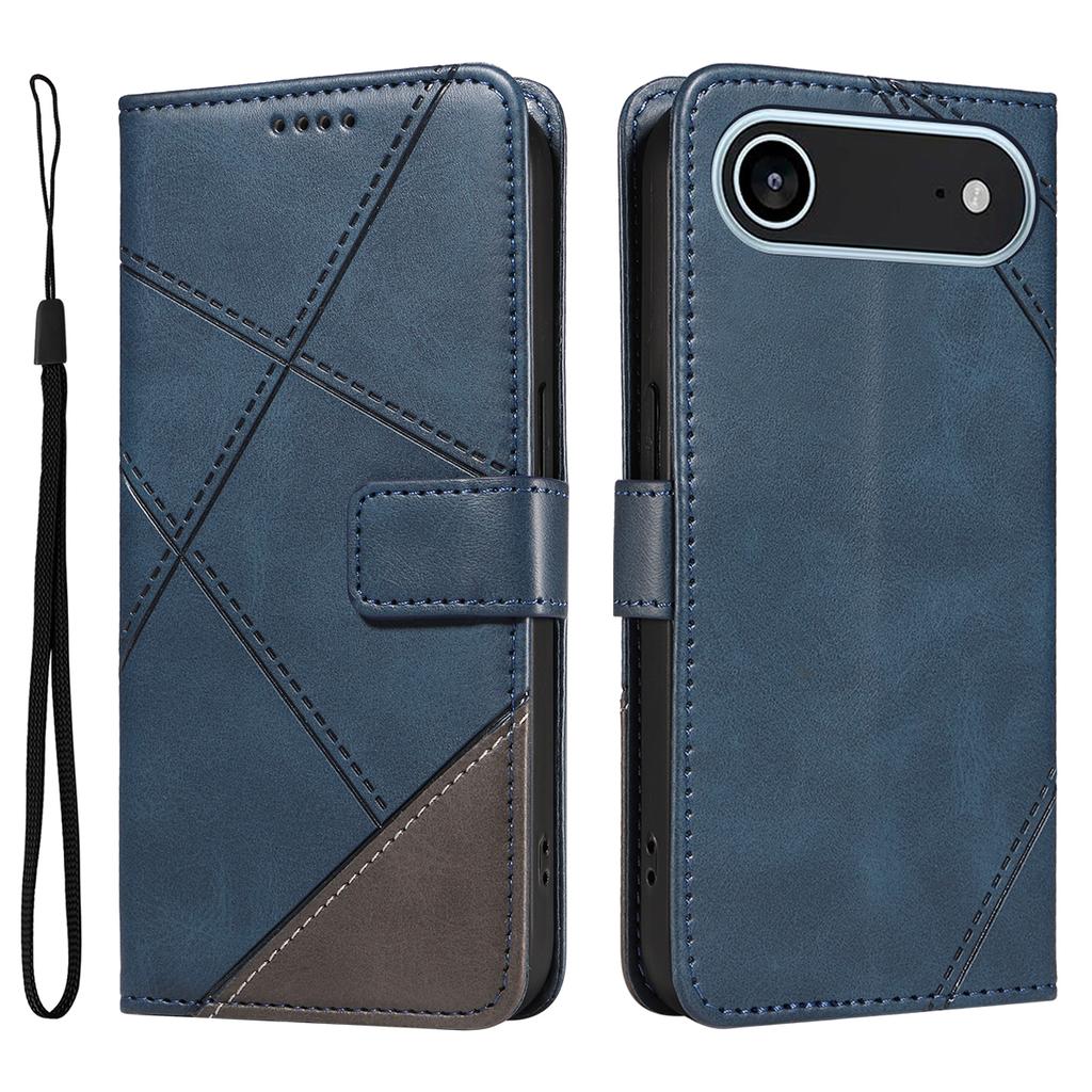For iPhone 17 Air Leather Case Geometric Line Design Wallet Phone Cover with Wrist Strap
