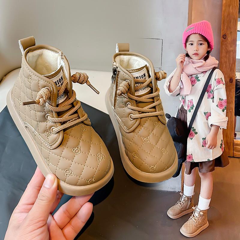 Kids Winter Thick Warm Martin Boots New Plaid PU Leather Snow Boots Boys and Girls Non-slip Plush Casual Shoes