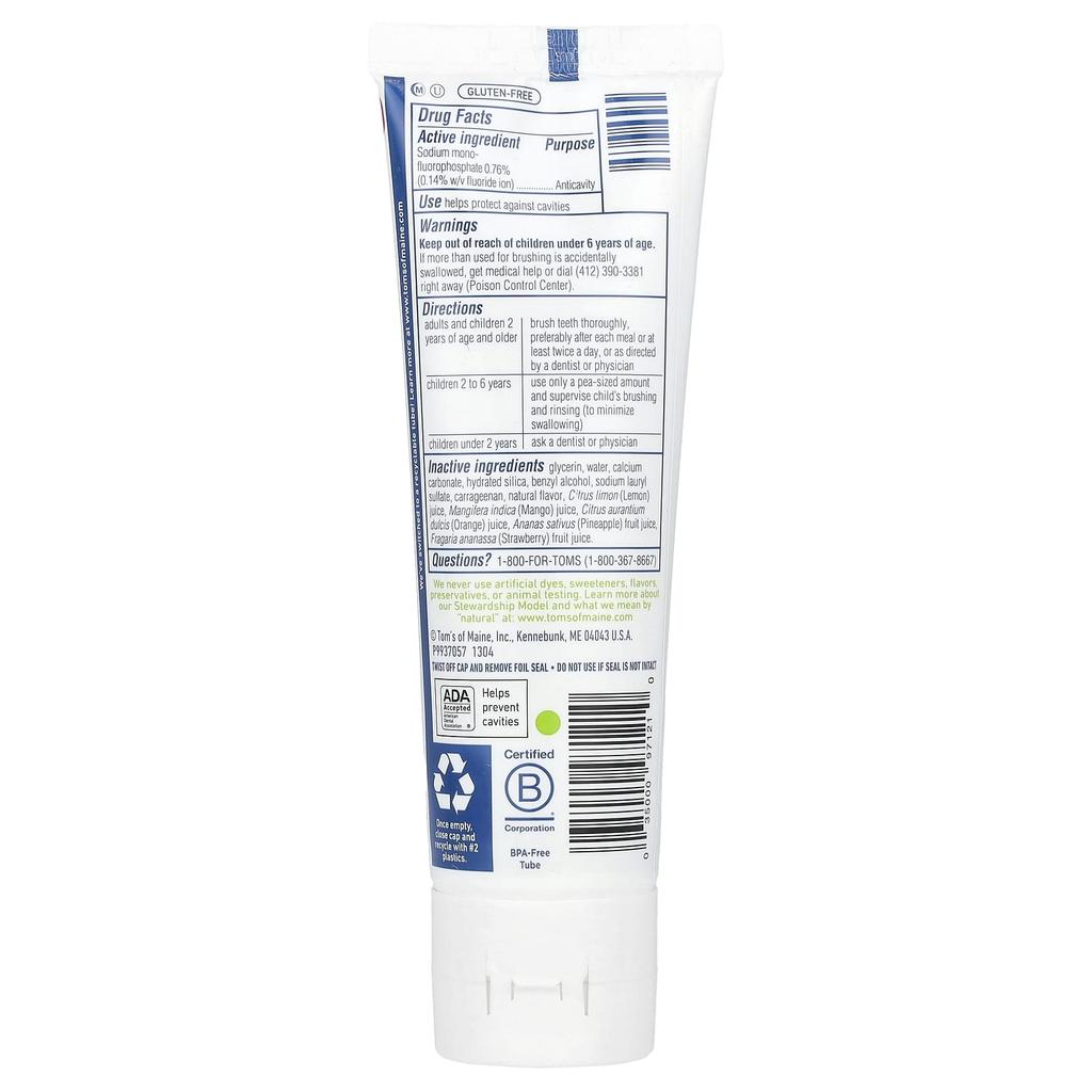 Tom's of Maine Натуральная детская зубная паста с фтором, с восхитительным вкусом апельсина и манго, 5,1 унции (144 г)