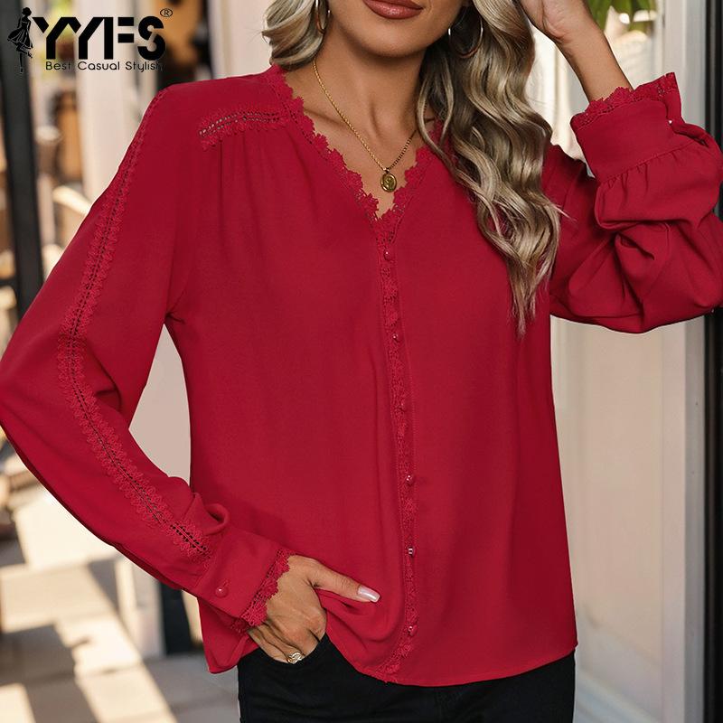 YYFS Women's Fashion Casual Spring Fall Solid Color Print Long Sleeve V-Neck Blouses & Shirts