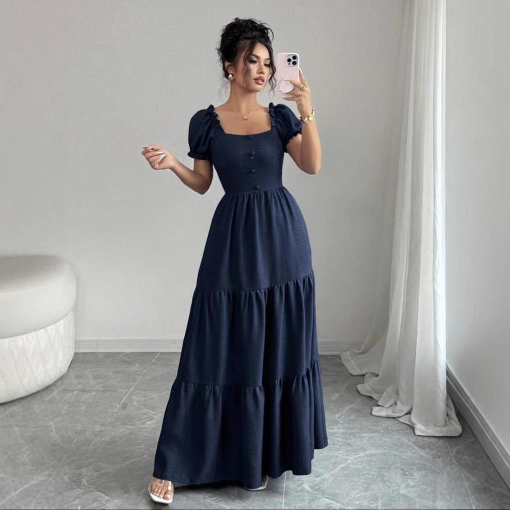 Summer Vacation Solid Color Maxi Dress Square Neck Puff Short Sleeve Tiered Ruffle High Waist Casual Long Beach Holiday Dress
