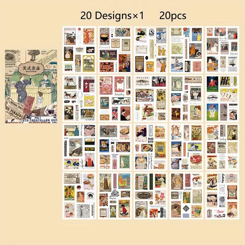 20 Sheets Sticker Book, Retro Diary Material DIY Decoration Sticker For Junk Journal Decorative Background Supplies Art Album