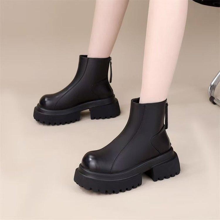 Thick-soled Martin Boots Women's Autumn and Winter New British Round Head Small Height-increasing Zipper Cigarette Tube Short Boots