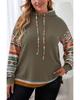 Jungle Green Aztec Patchwork Sleeve Waffle Drawstring Plus Hoodie