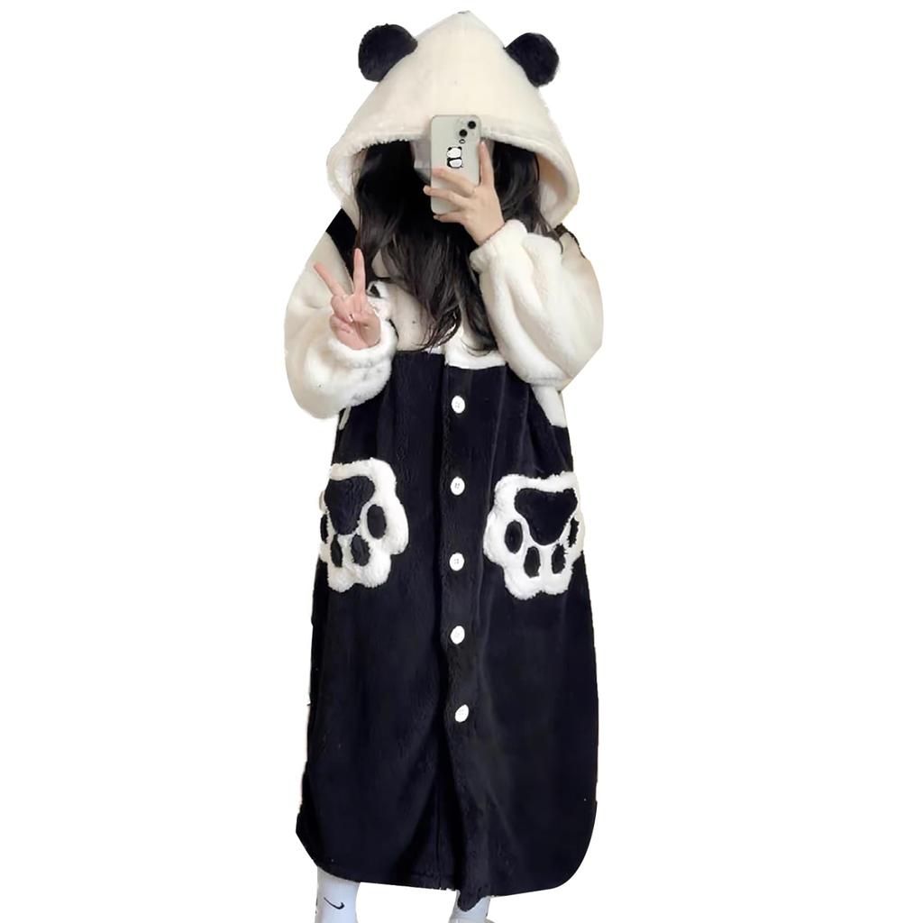 LAVASEON Cute Panda Winter Fluffy Hooded Pajamas with Plus Sizes Thick and Warm for Fall and Stylish and Warm Women's Pajamas, Loungewear, Gloves,